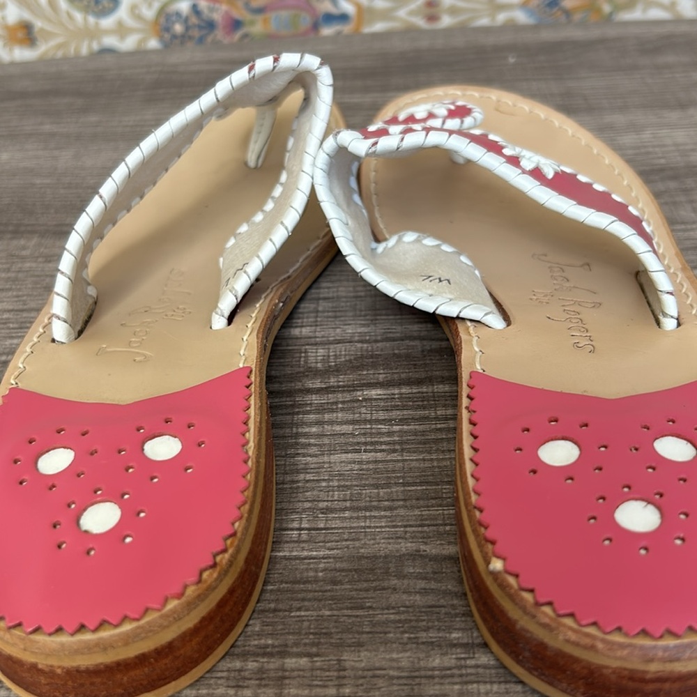 SOLD Jack Rogers Pink/Cream Navajo Leather Flat Sandals Whipstitch Barbiecore 7 - Picture 10 of 14